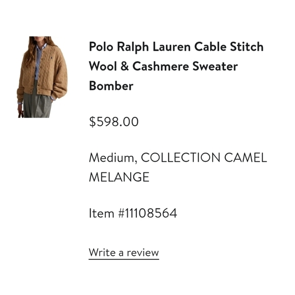 NWT Polo Ralph Lauren Cable-Knit Wool-Cashmere Bomber Jacket Camel M - Picture 8 of 8